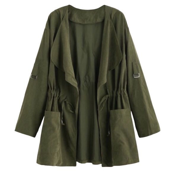Khaki Green Envelope Front Drawstring Waist Pockets Lightweight Hooded Jacket - Picture 1 of 4